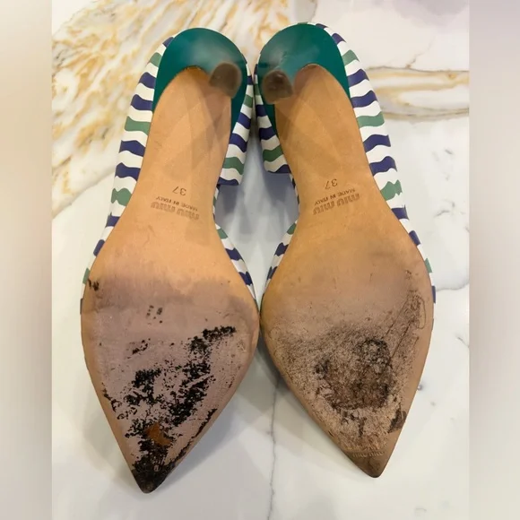 Miu Miu Multicolor Stripe Pointed Toe Pumps Green Heel - Picture 6 of 6